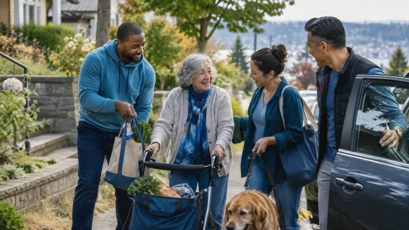 Neighbors helping an older community member with groceries and transport