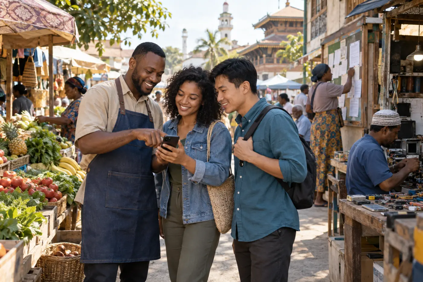 Neighbors discovering useful services at a lively local market
